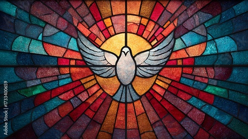Vibrant stained glass window depicting a white dove ascending with radiant light