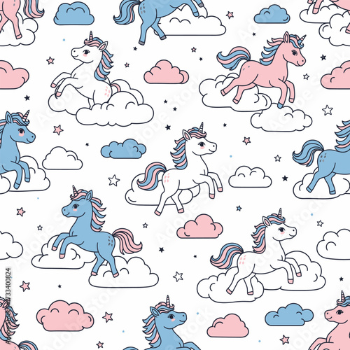 A Cute Kawaii Seamless Pattern featuring Charming Blue Foxes and Whimsical Red Mushrooms, Perfect for Children's Designs or Fabric Backgrounds