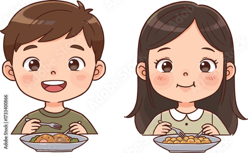 Cartoon children eating lunch, smiling kids with food, healthy meal illustration, school lunch concept, happy child dining, vector art