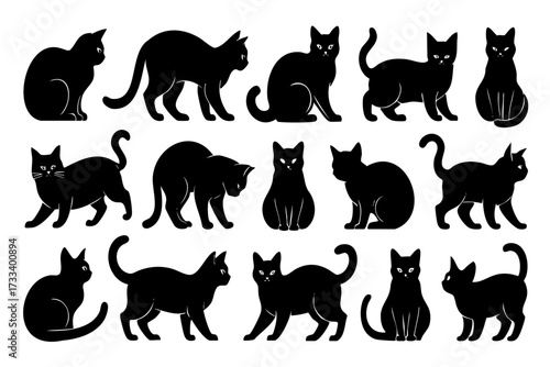 Series of black and white cat illustrations, each with a different pose and expression. The mood of the images is playful and whimsical, with the cats appearing to be in various positions and poses