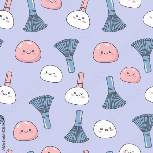 A Cute Kawaii Seamless Pattern featuring Charming Blue Foxes and Whimsical Red Mushrooms, Perfect for Children's Designs or Fabric Backgrounds