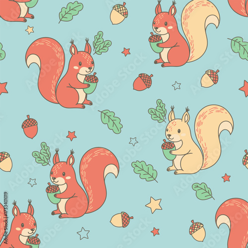 A Cute Kawaii Seamless Pattern featuring Charming Blue Foxes and Whimsical Red Mushrooms, Perfect for Children's Designs or Fabric Backgrounds