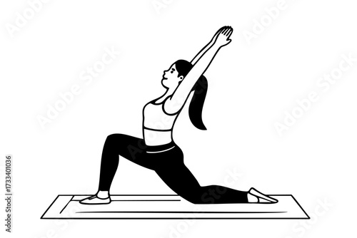 Woman is doing a yoga pose on a mat. She is in a black and white drawing