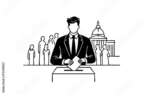 Man in a suit is standing in front of a voting box. He is holding a piece of paper and he is casting his vote. Concept of civic duty and the importance of participating in the democratic process