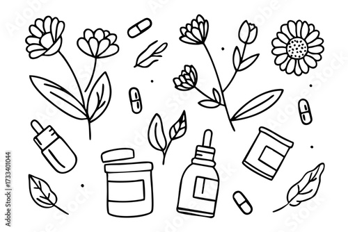 Drawing of flowers and medicine bottles with a flowery background. The drawing conveys a sense of natural healing and wellness