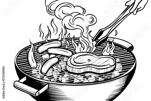 Man is cooking food on a grill. The food includes hot dogs and steak. The grill is hot and the man is using tongs to flip the food. The scene is lively and energetic