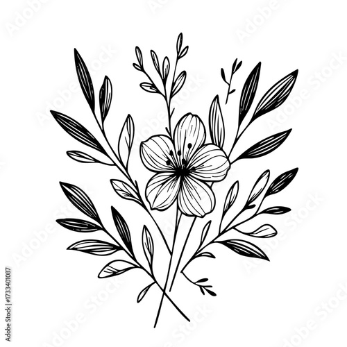 Black and white drawing of a flower with leaves. The flower is in the center of the drawing and surrounded by leaves. The drawing has a simple and elegant style, with the focus on the flower