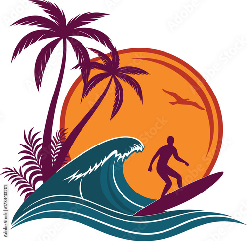 Dynamic surfer rides powerful wave against vibrant sunset with palm trees, capturing coastal adventure.