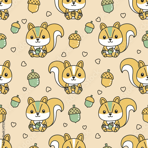 Cute Squirrels and Acorns Seamless Pattern in Kawaii Style