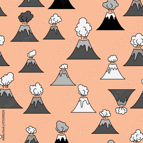 Cute Volcano Eruption Seamless Pattern Kawaii Style for Kids and Fun Designs
