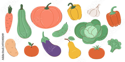 Set of autumn vegetables in flat style with partial outline. Autumn and harvest concept. Vector illustration.