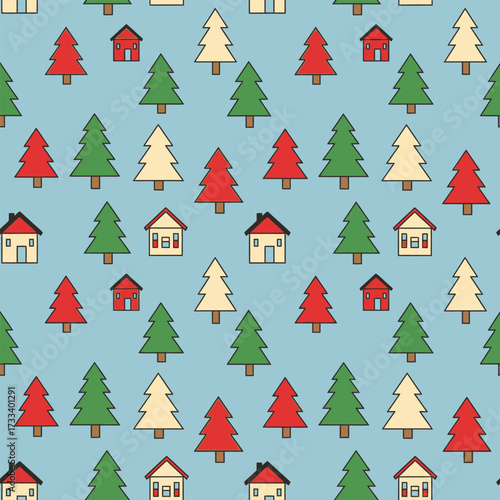 Seamless Pattern Cute Kawaii Houses & Trees on Blue, Festive Repeat