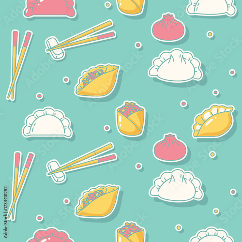 Seamless Pattern Cute Kawaii Food Dumplings in Fun Design