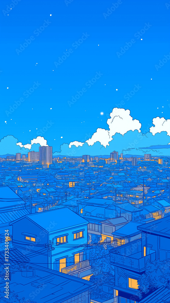 Naklejka premium ネオンサインが灯るレトロな夜景と星空｜1980年代アニメ調のポップで幻想的な都市イラスト素材｜雲が漂う夢幻的な空