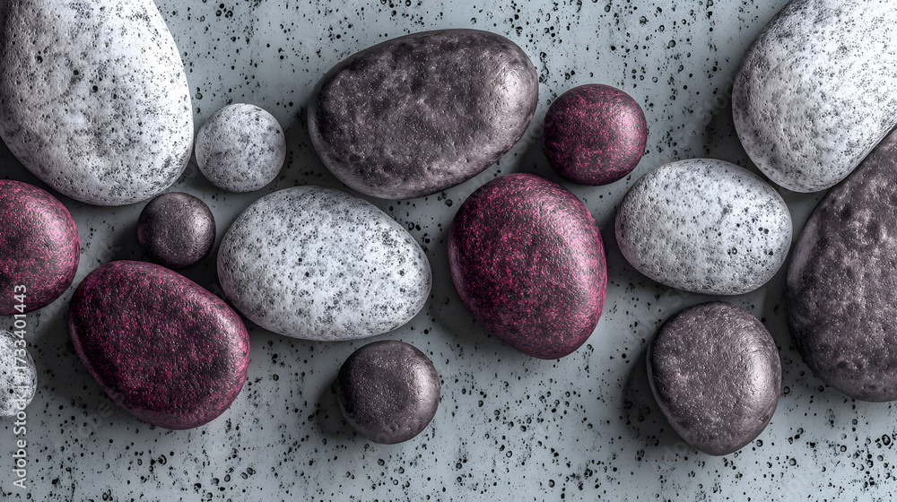 Fototapeta premium Collection of smooth stones in various colors arranged on a light surface