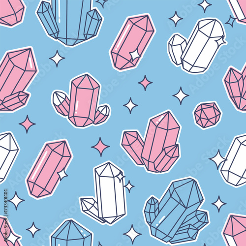 Seamless Pattern of Cute Kawaii Crystals on a Pastel Blue Background