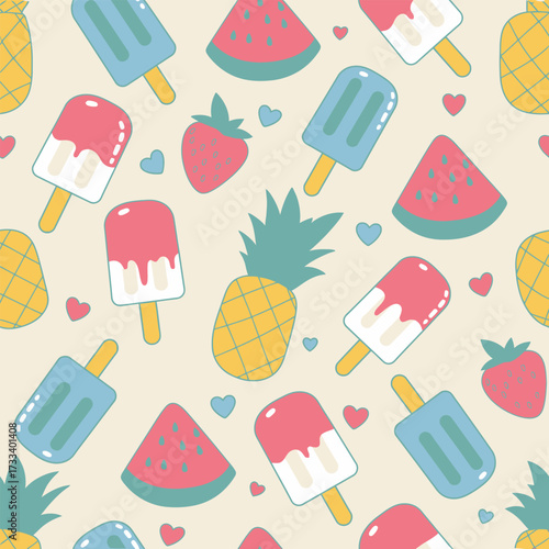 Seamless Pattern with Cute Kawaii Fruits and Popsicles for Summer Fun
