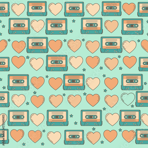 Retro Cassette Tapes and Hearts Seamless Pattern - Cute Kawaii Design