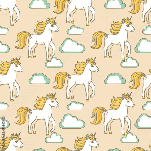 Seamless Pattern of Cute Kawaii Unicorns and Clouds Background