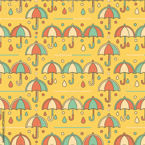 Seamless Pattern Cute Kawaii Umbrellas and Raindrops on Yellow Background