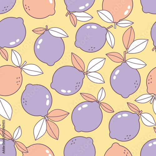 Seamless Pattern of Cute Kawaii Lemons on Light Yellow Background