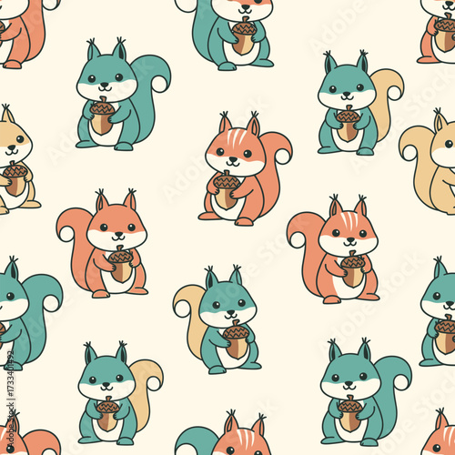 Seamless Pattern Cute Kawaii Squirrels with Acorns, Whimsical Design