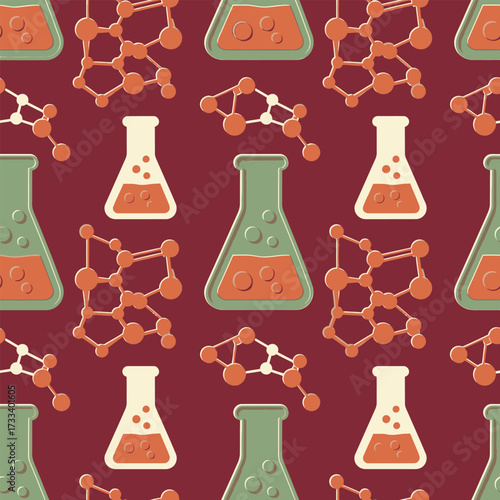 Seamless Pattern Cute Kawaii Science, Chemistry, Molecules and Beakers