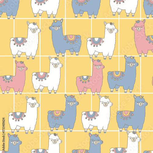 Seamless Pattern of Cute Kawaii Llama Friends on a Pastel Yellow Grid