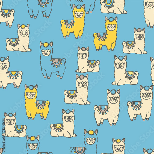 Seamless Pattern of Cute Kawaii Alpacas on Blue Background