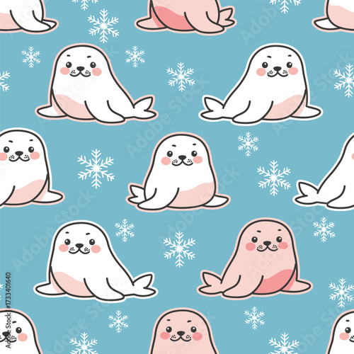Cute Kawaii Seamless Pattern of Adorable Seals and Snowflakes