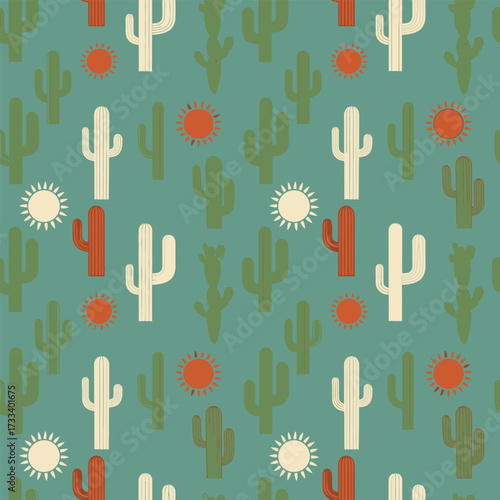 Seamless Pattern Cute Kawaii Cacti and Sun for Playful Backgrounds