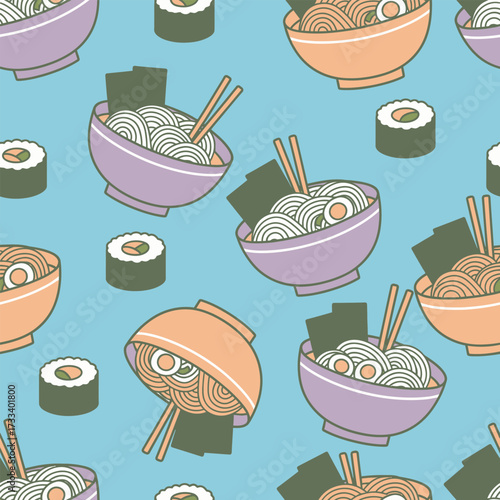 Seamless Pattern Cute Kawaii Noodles,Sushi, Bowls on a Blue Background
