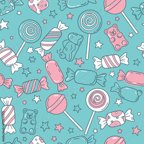 Seamless Pattern with Cute Kawaii Candies, Pastel Colors Design