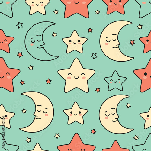 Seamless Pattern Cute Kawaii Smiling Moons and Stars on Mint Green
