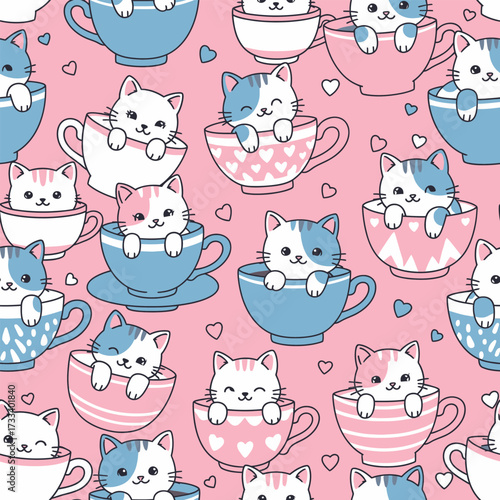 Charming and Cute Kawaii Kittens in Colorful Teacups Seamless Pattern, Perfect for Whimsical Nursery Decor, Textiles, and Digital Backgrounds