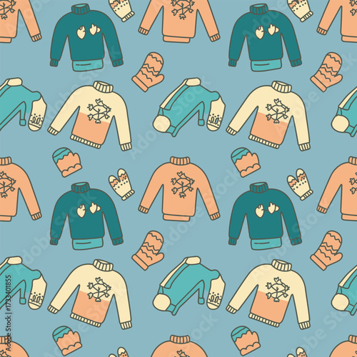 Seamless Pattern Cute Kawaii Sweaters and Mittens Design for Winter