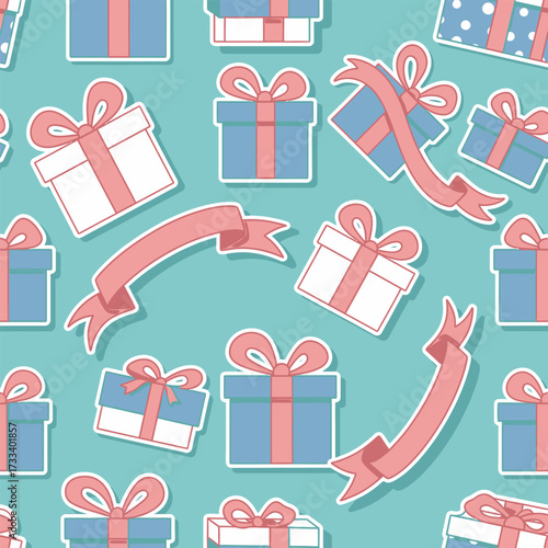 Charming Kawaii Gift Boxes and Ribbons Seamless Pattern Background for Celebrations and Festive Designs, Cute Holiday Wrap