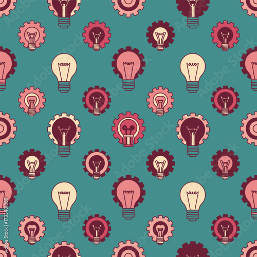 Charming Seamless Pattern with Cute Kawaii Lightbulbs and Gears, Symbolizing Bright Ideas and Innovation in a Playful Design