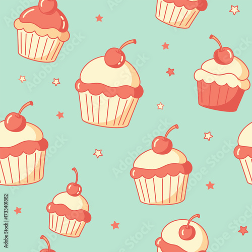 Seamless Pattern of Cute Kawaii Cupcakes with Cherries and Stars