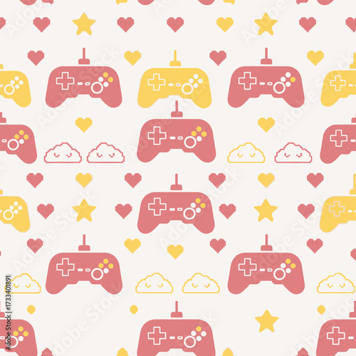 Cute Kawaii Game Controller Seamless Pattern with Hearts and Stars - Playful Video Gaming Background Design for Fun Projects
