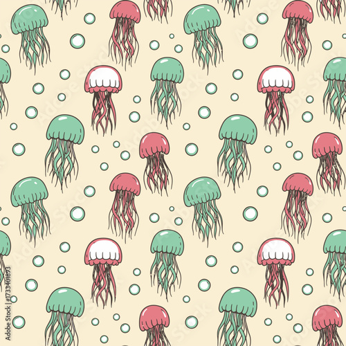 Cute Kawai Jellyfish Seamless Pattern with Bubbles on a Pastel Background