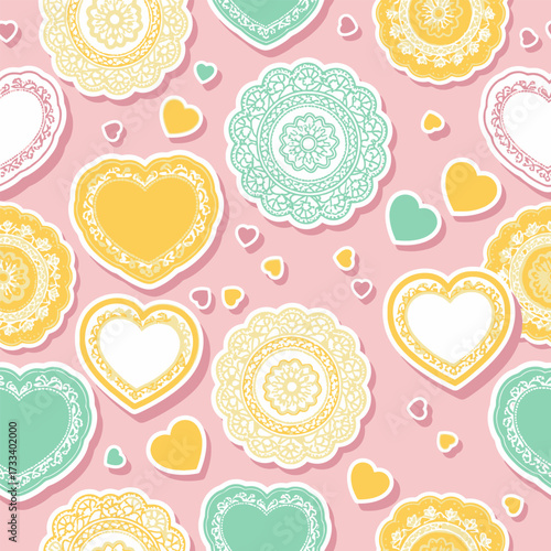 Cute Kawai Hearts and Lacy Doilies Seamless Pattern - Sweet Pastel Design for Romantic Backgrounds and Invitations