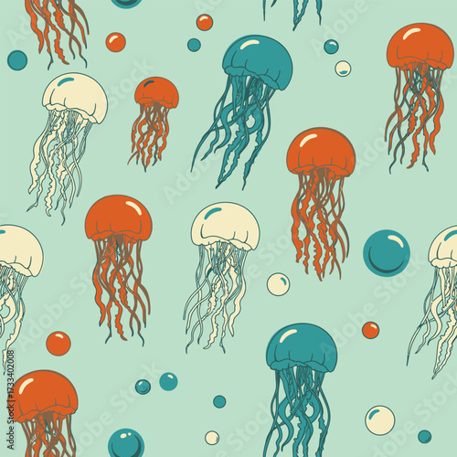 Cute Kawaii Jellyfish Seamless Pattern Playful Underwater Ocean Life with Floating Bubbles on a Soft Aqua Background