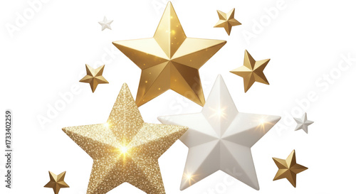 Assortment of Golden and White Stars with Sparkles graphic design isolated on a transparent background