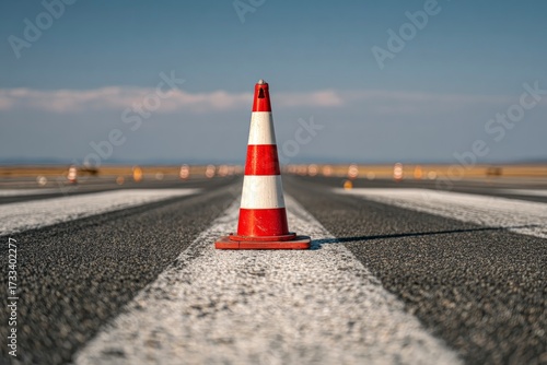 A red  white traffic cone sits on an asphalt runway with white lines and distance lights under a clear sky