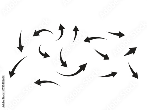 This image displays a collection of black arrows on a white background. The arrows vary in size, direction, and curvature, with some pointing straight, while others curve upwards, downwards, 