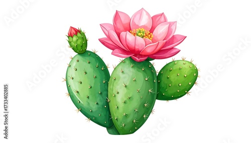 An illustrated green prickly pear cactus with a vibrant pink flower in full bloom and a closed bud