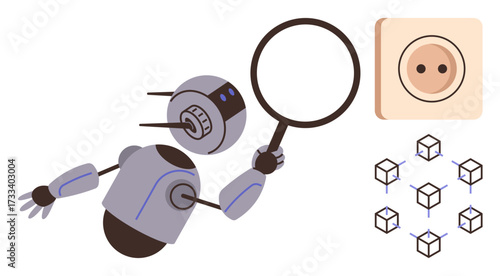 Futuristic robot examining data using magnifying glass, socket interface, blockchain cubes. Ideal for AI, data analysis, robotics, technology, innovation research future concepts. Simple flat