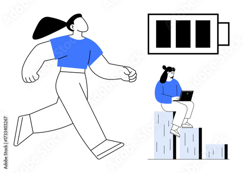 Woman running energetically, second woman working on a laptop sitting on a chart, full charging battery. Ideal for productivity, progress, energy, growth, career, empowerment simple flat metaphor