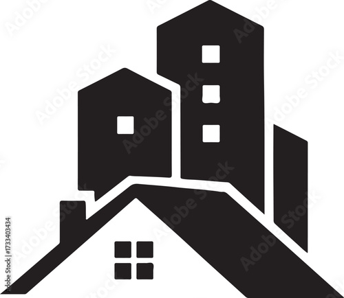 Cityscape Buildings Black and White Icon with Long Shadow